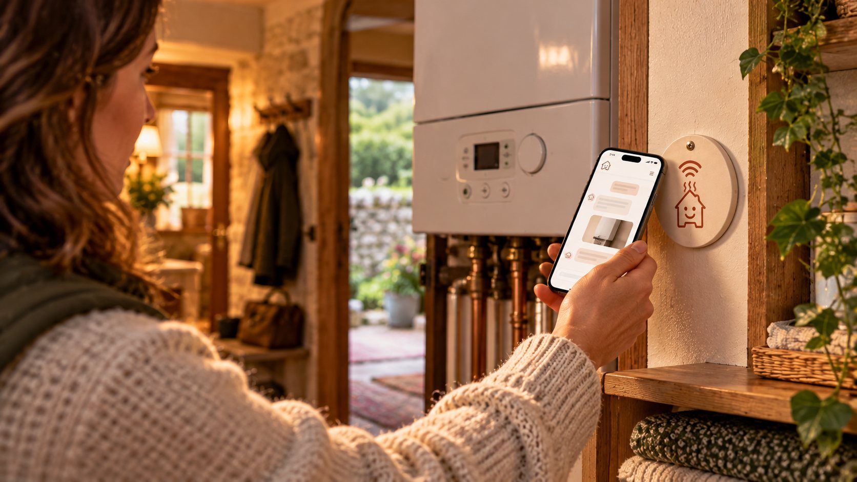 A guest taps her phone on a Housemate tag beside the boiler to find out how the heating works.