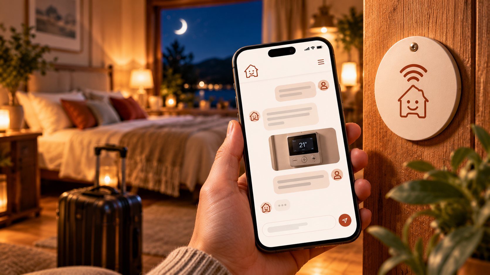 A guest at 2am holds a phone showing Housemate's chat, next to a Housemate tag on the bedroom door frame.